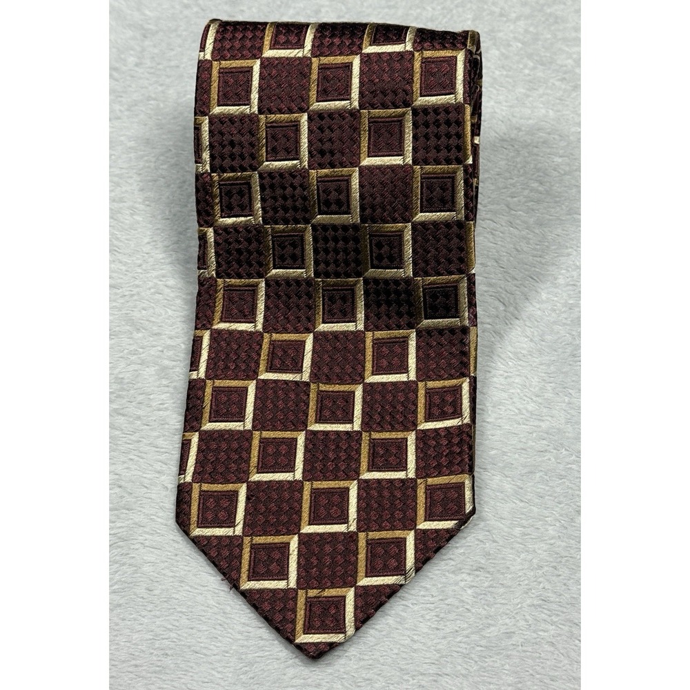 ERMENEGILDO ZEGNA Men's 100% Silk Necktie ITALY Luxury GEOMETRIC  Brown Gold